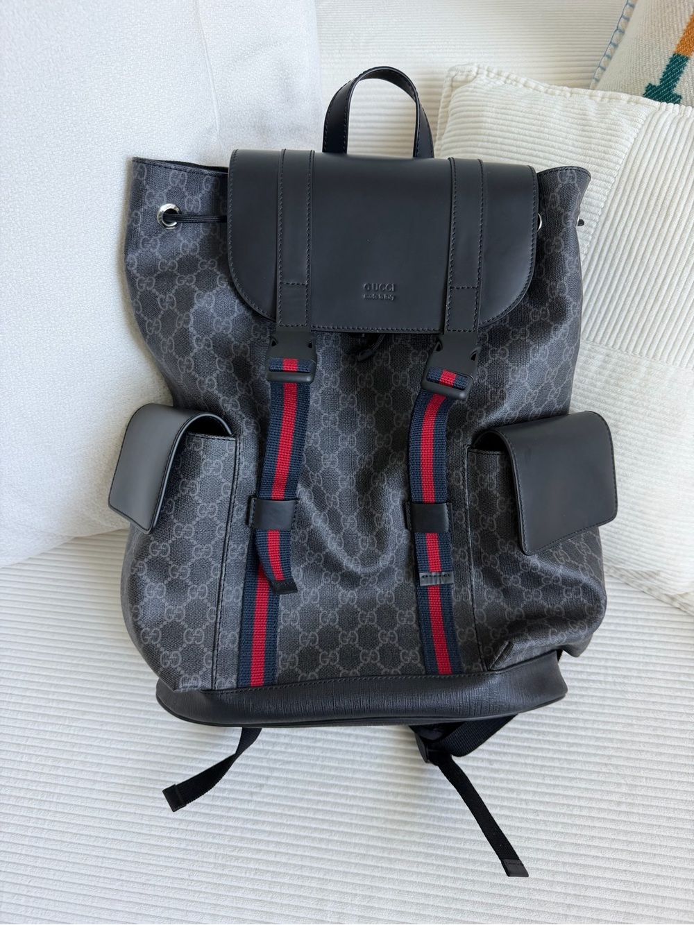Gucci Black GG Canvas Backpack with Red-Blue Webbing never used